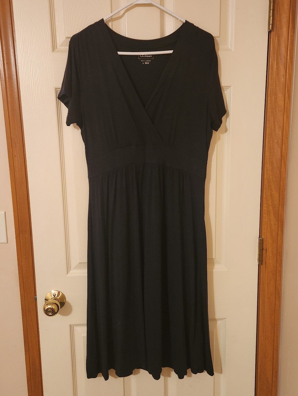 LL Bean Summer Knit Dress Women’s Sz L Surplice Neck Jersey Knit A Line Stretchy